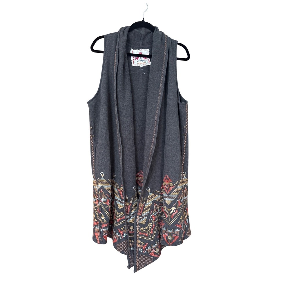 JW Los Angeles Cardigan Vest Women Gray Geometric Embroidered Boho SIZE XL